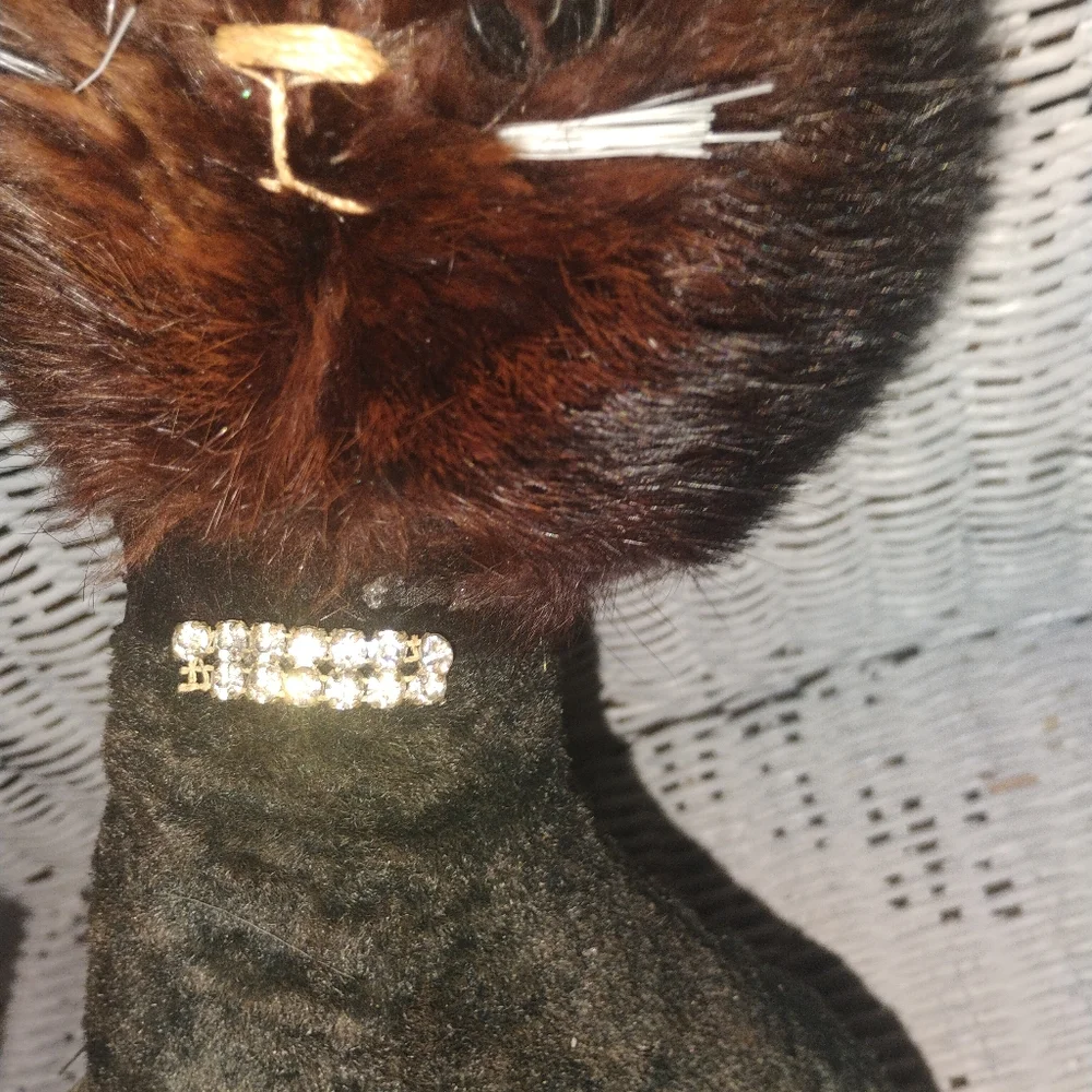 1950s Plushie Rare Luxury Black and Brown Cat Plush with Rhinestone Collar